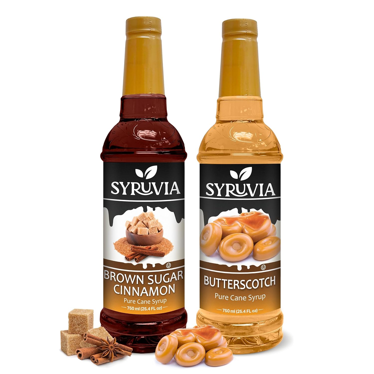 Syruvia Brown Sugar Cinnamon and Butterscotch Coffee Syrup - 25.4 fl oz. Premium Coffee Flavoring Syrup. Kosher, and Gluten-Free. Perfect for Enhancing Drinks, Sodas, Shakes, Desserts, and More.