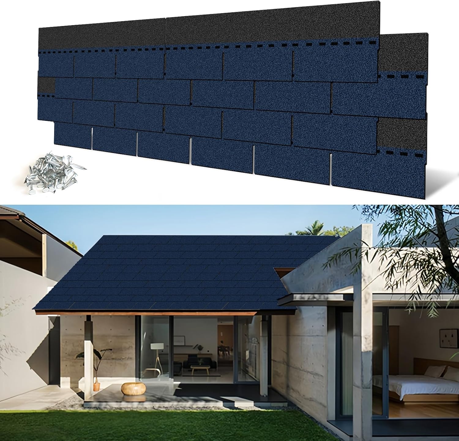 NeatiEase Roofing Shingles 3-Tab, 8 Pack Asphalt Shingles Roof Tiles for Storage Shed, Architectural, Residential, Garage Roof (Dark Blue)