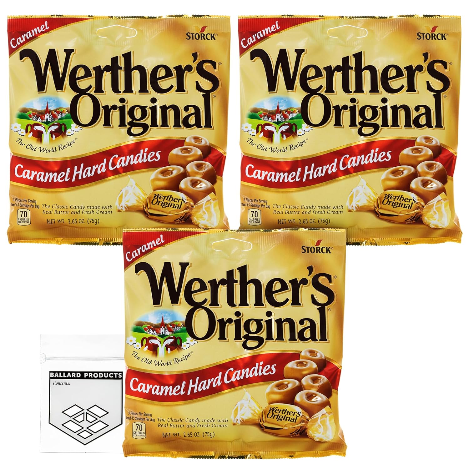 Werther's Original Hard Candy Pack of 3 Bags - 3 Bags of Werthers Original Hard Candy Individually Wrapped (2.65oz) Each - Werther's Original Hard Candy - Bundle with Ballard Products Pocket Bag