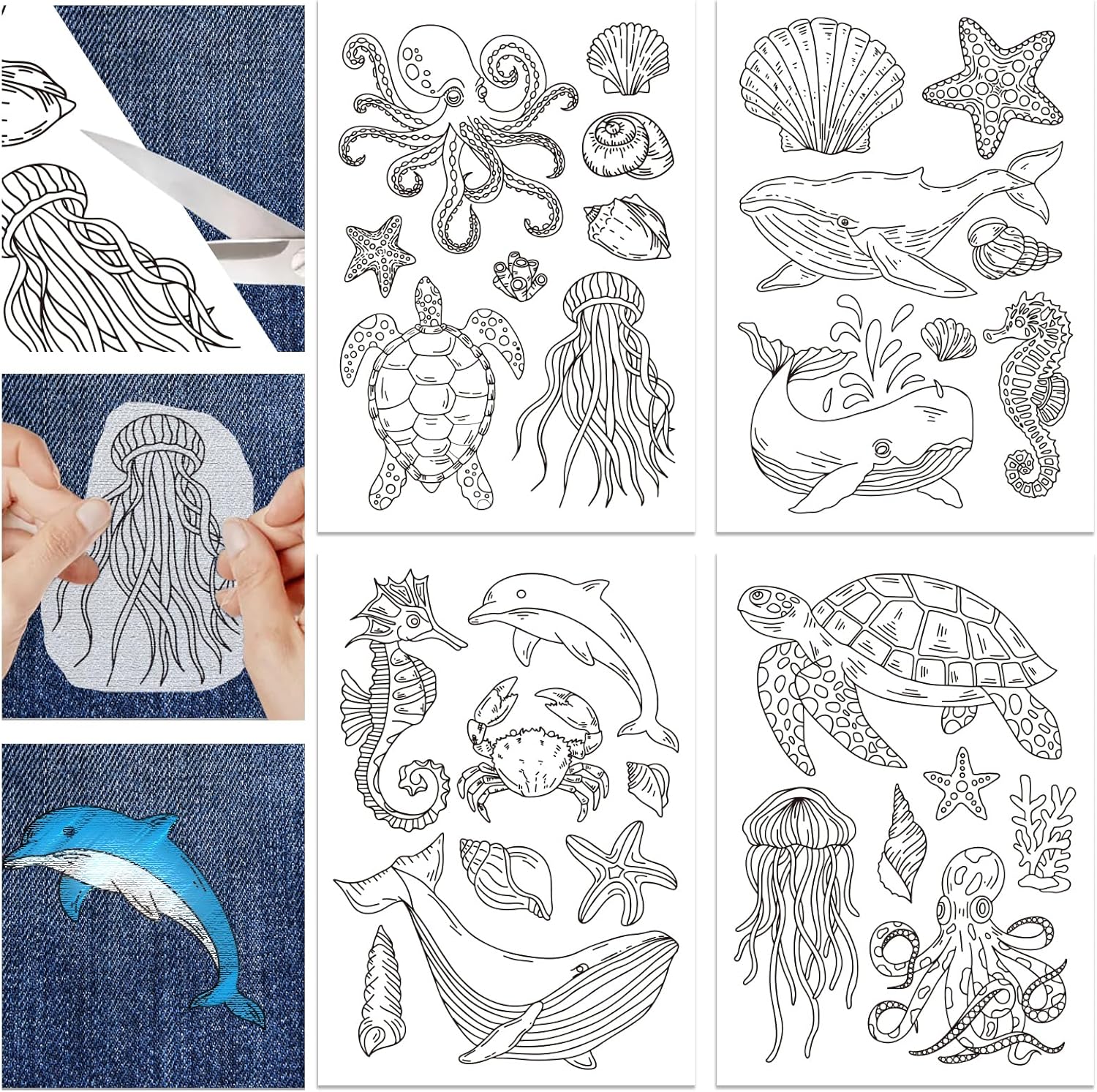GLOBLELAND 4 Sheets 29Pcs Halobios Whale Jellyfish Water Soluble Stabilizer Hand Sewing Stabilizers with Pre Printed Stick and Stitch Self Adhesive Wash Away Stabilizer for Bags Cloth Embroidery
