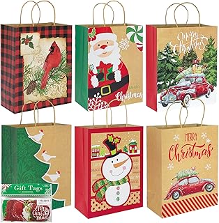 24 Large Kraft Christmas Gift Paper Bags Bulk with handles and 60 Count Christmas Gift Tags-12 Designs big size sacks set for Wrapping Xmas Holiday Presents