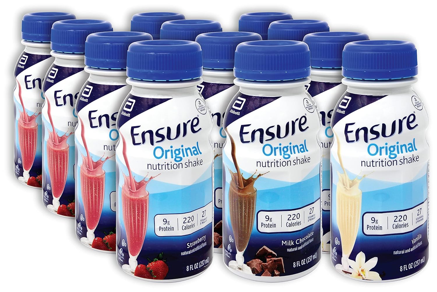Niro Assortment Ensure Variety Pack | Ensure Original Nutrition Shakes | Milk Chocolate Shake, Vanilla Shake, and Strawberry | Nutritional, Full of Vitamins and Minerals 12 Pack With Niro Travel Beverage Sleeve