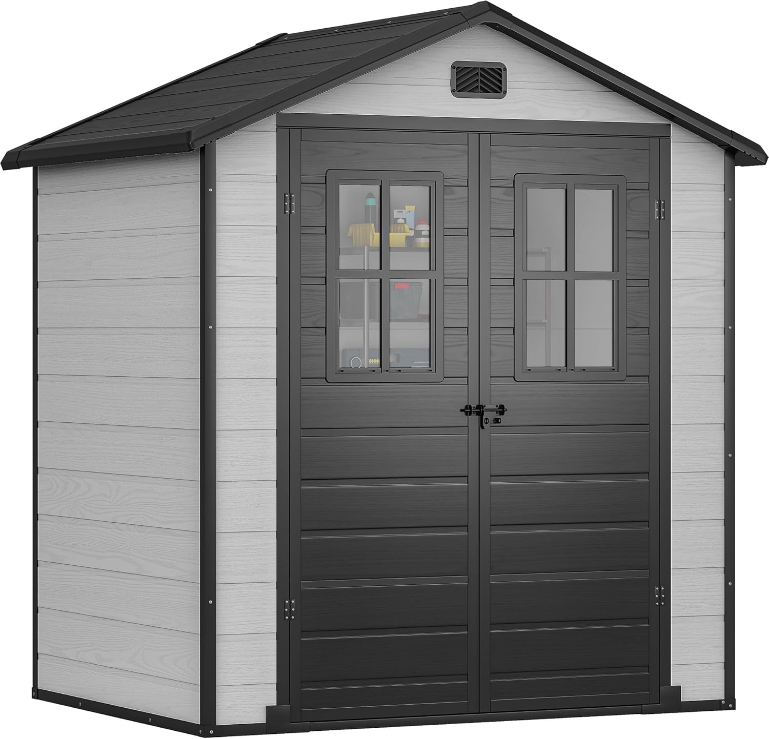 DWVO 6x4.4 FT Outdoor Storage Shed, Plastic Garden Tool Shed with 2 Windows, Double-Wall Outside Shed for Lawn Mower, Garden Tool for Backyard, Patio, Lawn, Lockable, Grey & Black