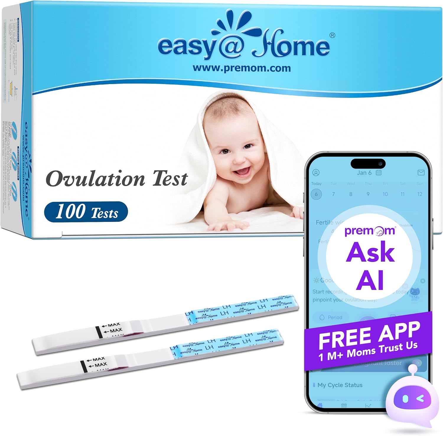 Easy@Home 100 x Ovulation Test Strips, Fertility Tests Ovulation Predictor Kit, Powered by Premom Ovulation Predictor iOS and Android App, 100LH Strips
