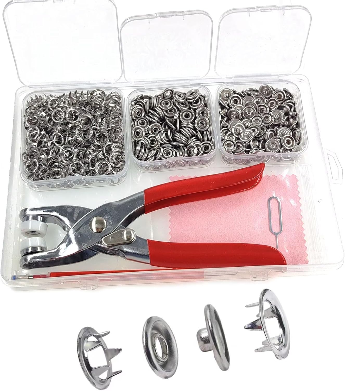 KAXIMON 200 Sets Poppers Fasteners Kit, 9.5mm Press Stud Kit with Fastener Pliers, Metal Snap Fasteners Press Studs No Sewing,Snap Button Fastener Kit Rust Proof for Fabric Clothing,Bags,DIY Crafts
