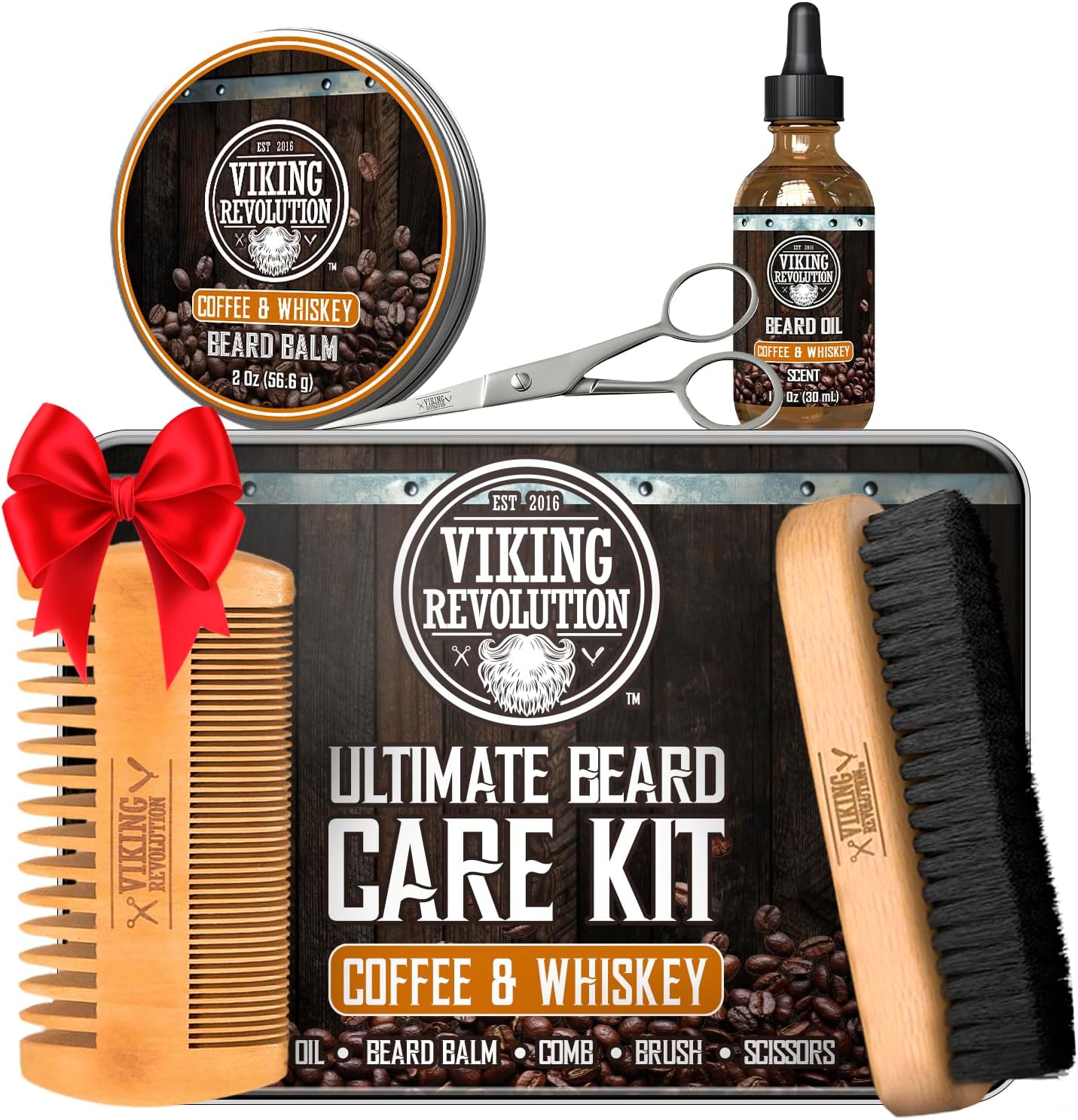 Viking Revolution - Ultimate Beard Kit Coffee and Whiskey - Beard Grooming Kit for Men with Beard Brush, Beard Comb, Beard Balm, Beard Oil, Beard and Moustache Scissors - Husband Gifts for Men