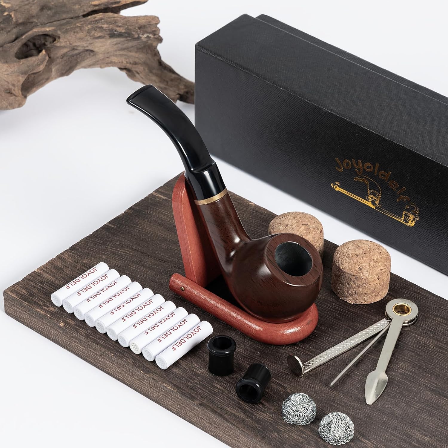 Joyoldelf Smoking Pipes,Bent Ebony Smoking Pipe with Pipe Stand, Smoking Accessories & Wrapped with Gift Smoking Box