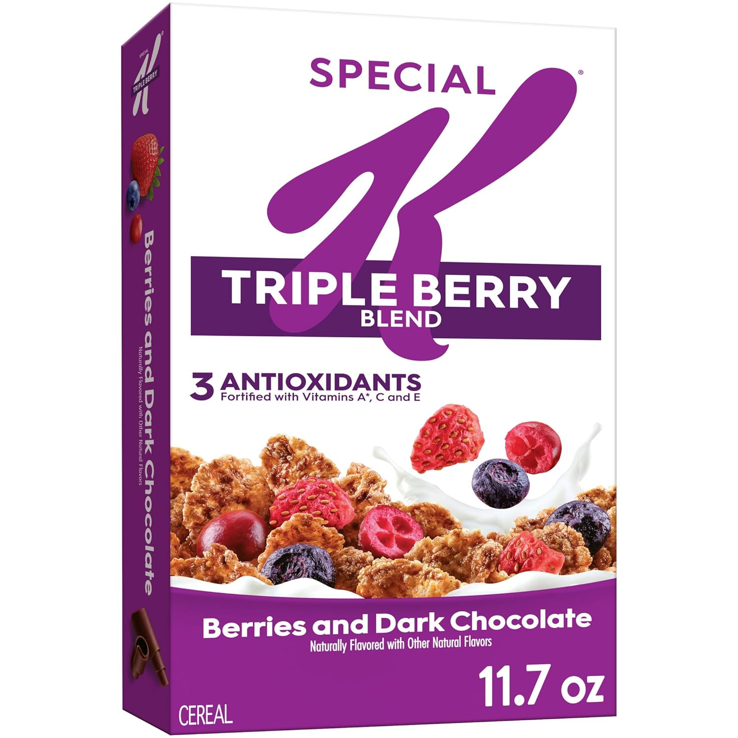 Kellogg's Special K Triple Berry Blend Breakfast Cereal, Family Breakfast, Fiber Cereal, Berries and Dark Chocolate, 11.7oz Box (1 Box)