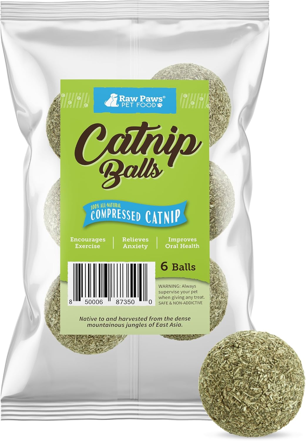 Raw Paws Catnip Balls for Cats (6-Count) - Interactive Indoor Cat Toy | Natural Compressed Natural Catnip - Cat Lick Balls - Catnip Roller Balls - Play & Enrichment Toy - Fresh Dried - No Additives