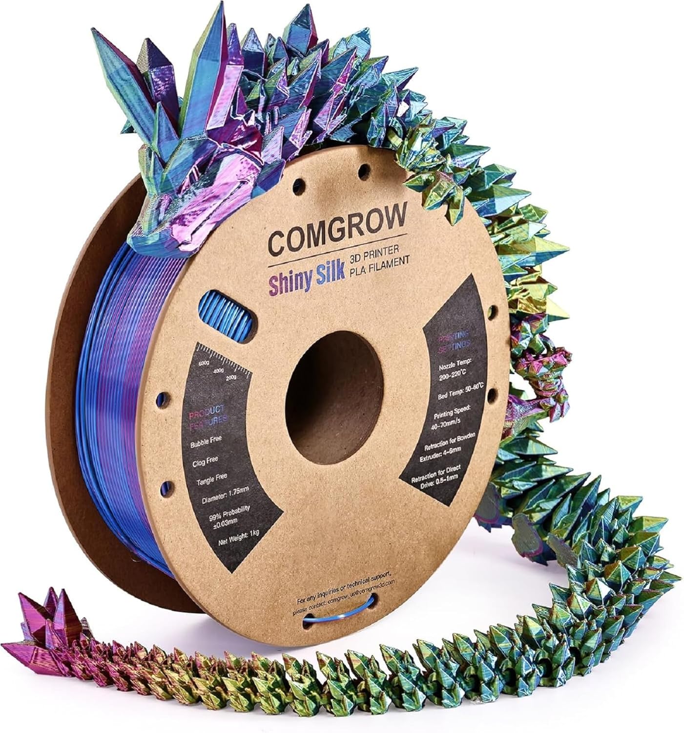 Comgrow Tri-Colors Silk PLA 3D Printer Filament, Rainbow PLA Filament 1.75mm, Dimensional Accuracy +/- 0.02 mm, 1KG Spool, Coextrusion 3D Filament with Shiny Silk Red-Blue-Yellow