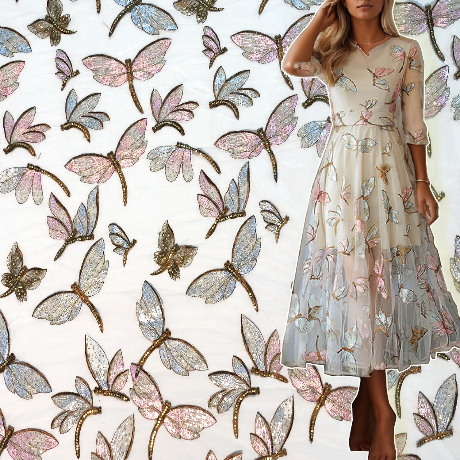 New Apricot Mesh Dragonfly Pattern Embroidered Sequin Lace Fabric, Fashion Exquisite Embroidery and Beadwork Fabric for DIY Handmade Clothing Bridal Wedding Dress Accessories (2 Yards)