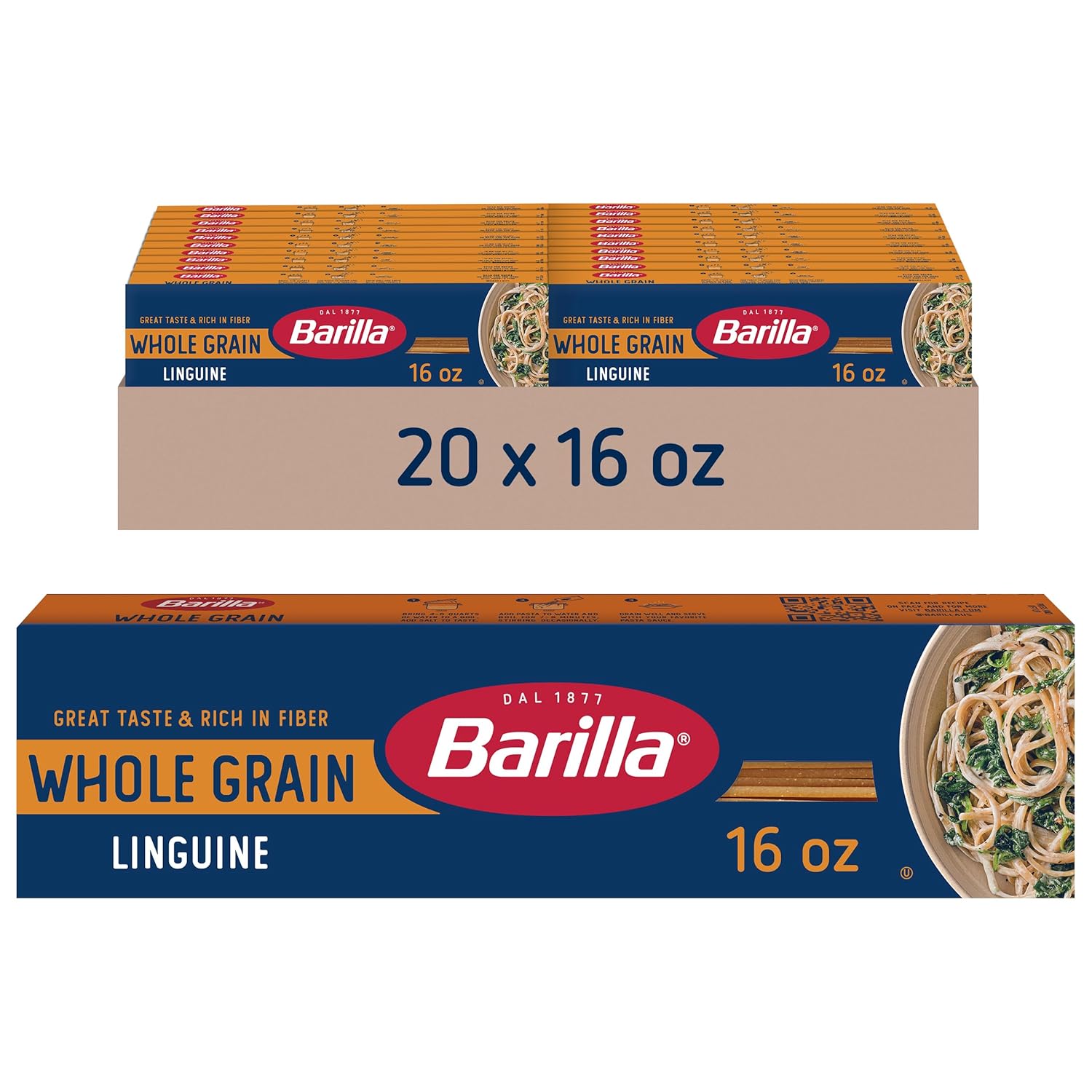 Barilla Whole Grain Linguine Pasta, 16 oz. Box - Non-GMO Pasta Made With 100% Whole Grain Durum Wheat - Great Source of Fiber (Pack of 20)