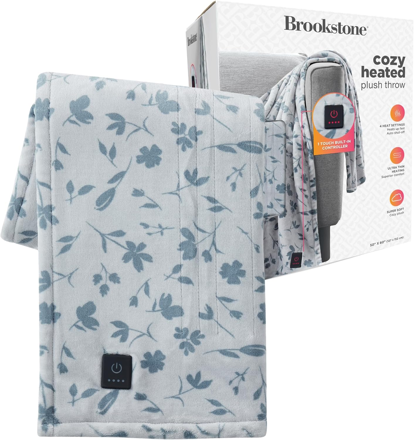 Brookstone Heated Throw Blanket - Heat Blankets Electric - Faux Fur Heated Throw Blanket- 4 Heat Settings, 4-Hour Auto Shut Off, 100% Polyester, 50"x60" - Floral