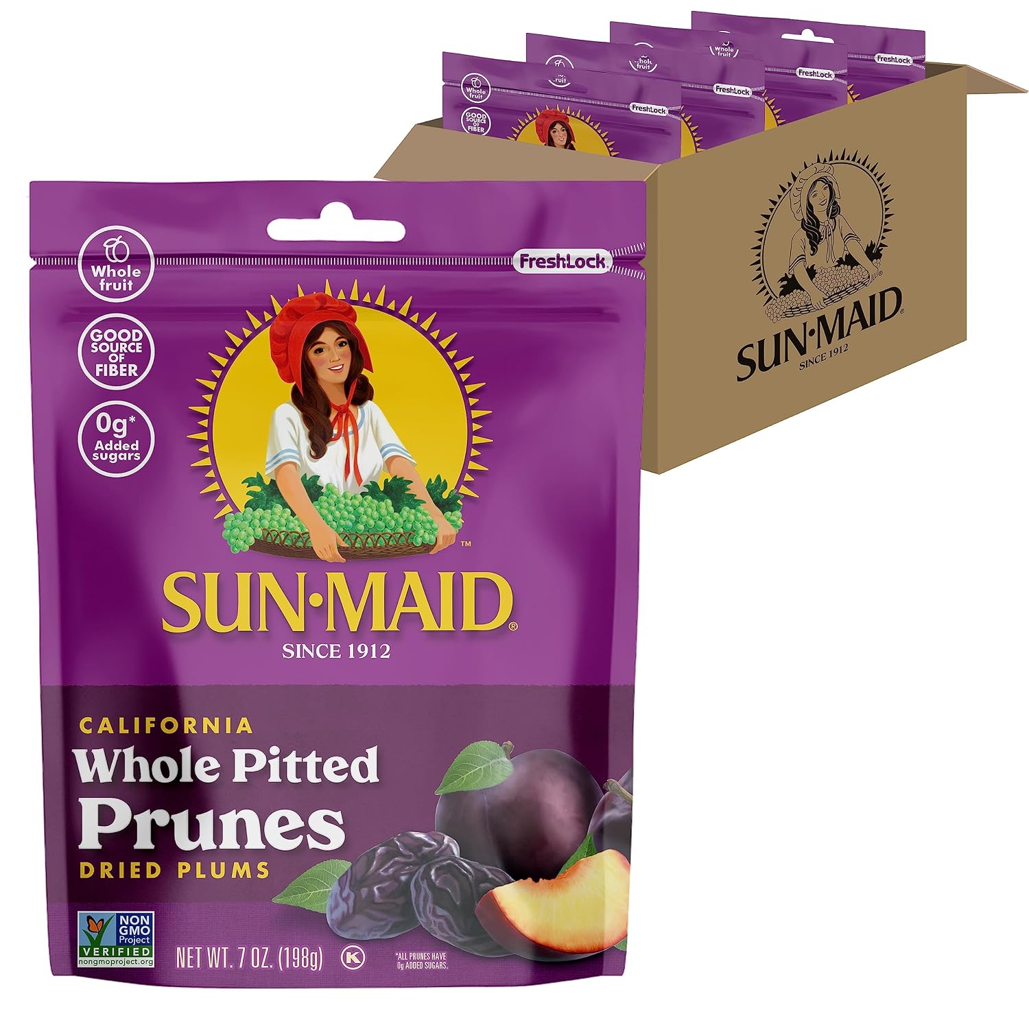 Sun-Maid California Sun-Dried Whole Pitted Prunes, 7oz Resealable Bag, 4 Pk | Dried Plums - Dried Fruit Snack for Lunches, Snacks, and Natural Sweeteners