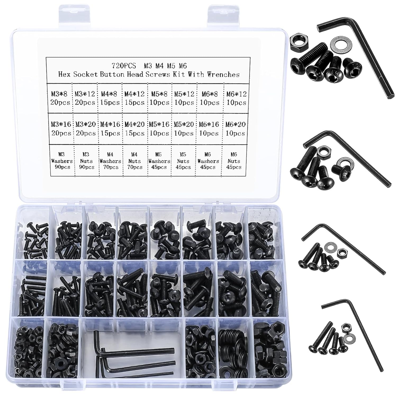 M3 M4 M5 M6 Bolts and Nuts Set, Hex Socket Button and Pan Head Screws Set with Washers, Black Machine Screws Assortment Kit