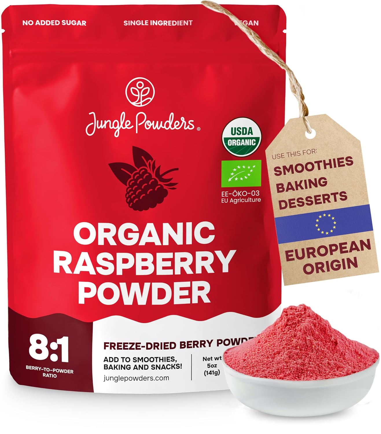 Jungle Powders Organic Raspberry Powder 5 Ounce Bag, USDA Organic Freeze Dried Raspberries from Whole Berry for Baking, Additive Filler Free Red Superfood Extract Rasberries Smoothies Organic Dehydrated