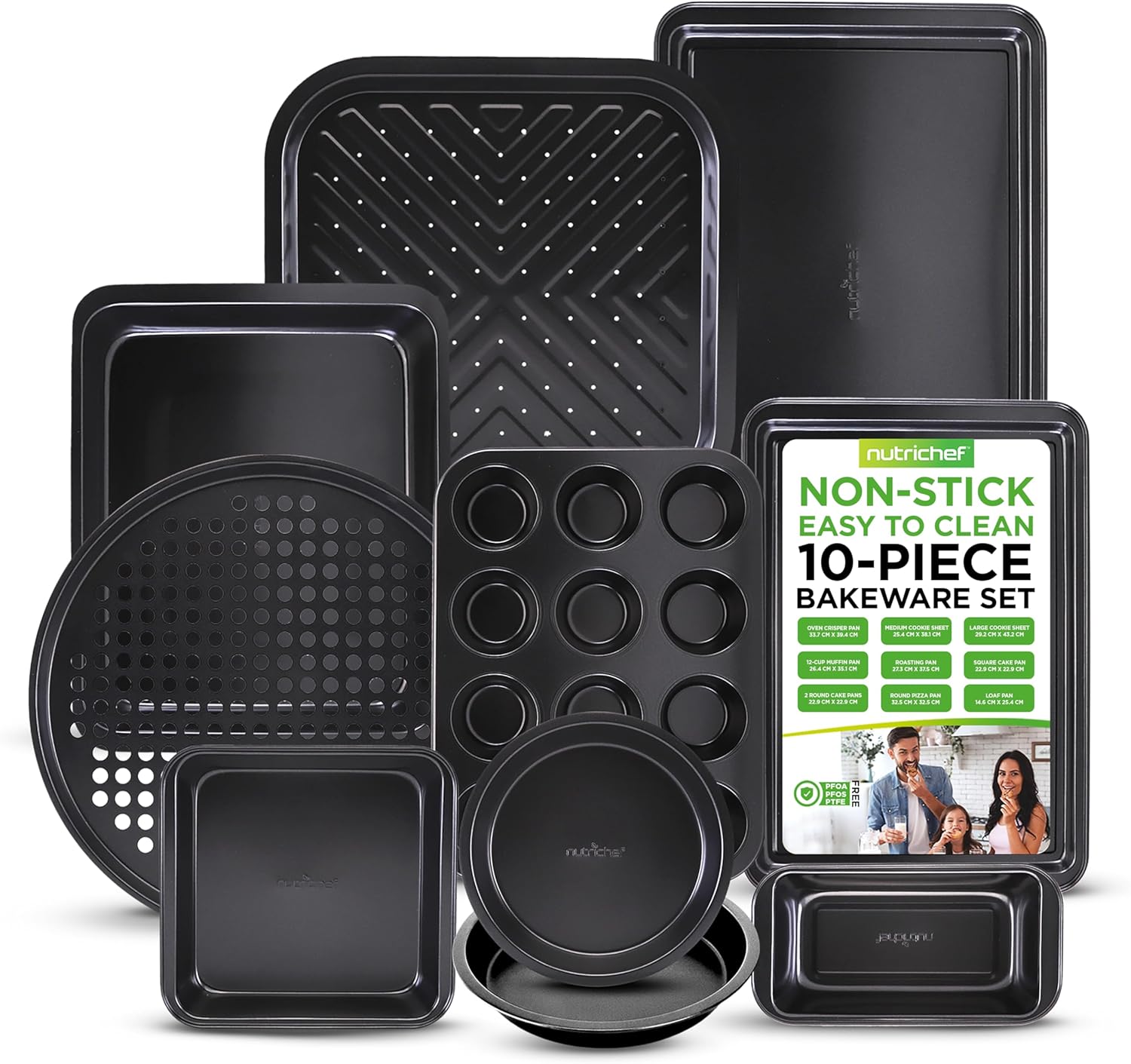 Nutrichef Oven Tray Set, Baking Trays for Oven Non Stick Set, Bakeware Cooking Pans, Cookie Sheets, 10 Piece Carbon Steel Square, Round, Loaf, Pizza, Cupcake Tins, Dishwasher Safe, Black