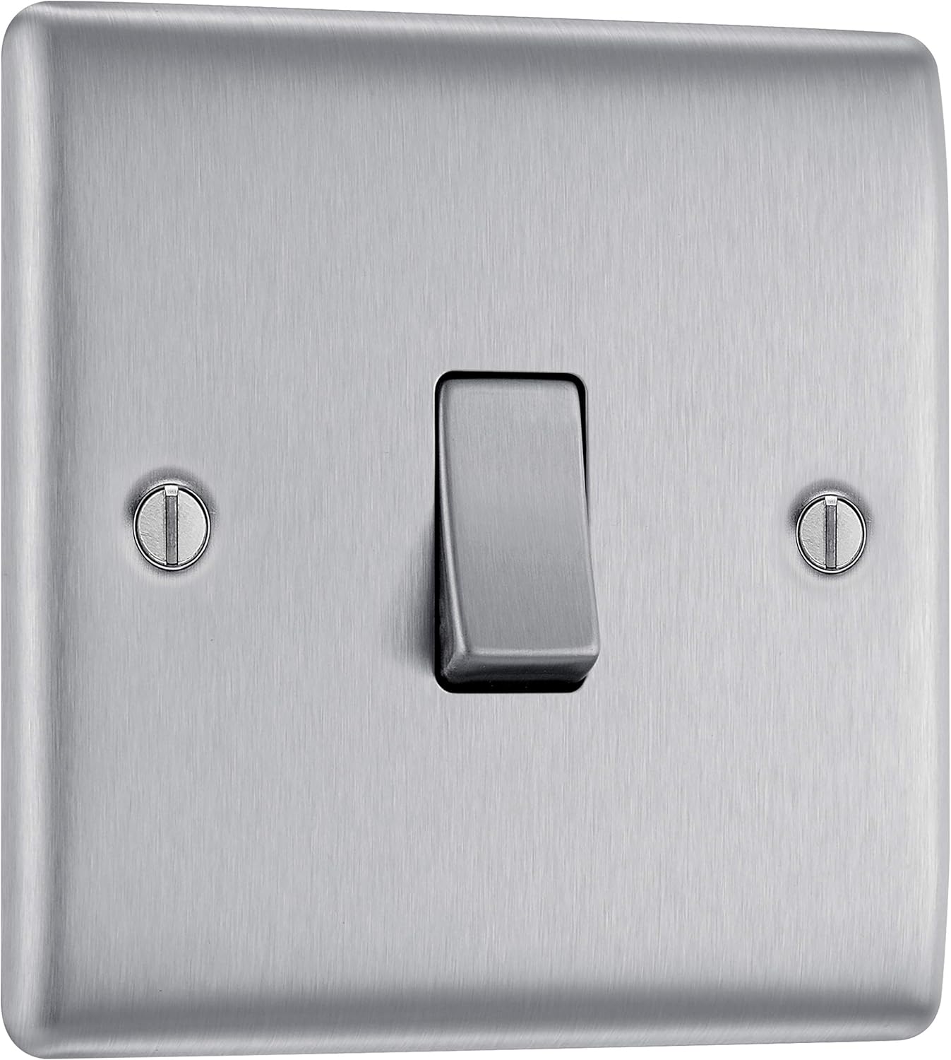 BG Electrical Single Wall Light Switch, 2 Way, Raised and Slim Profile, Round Edges, Nexus Metal, Brushed Steel, 20A, 16AX, NBS12