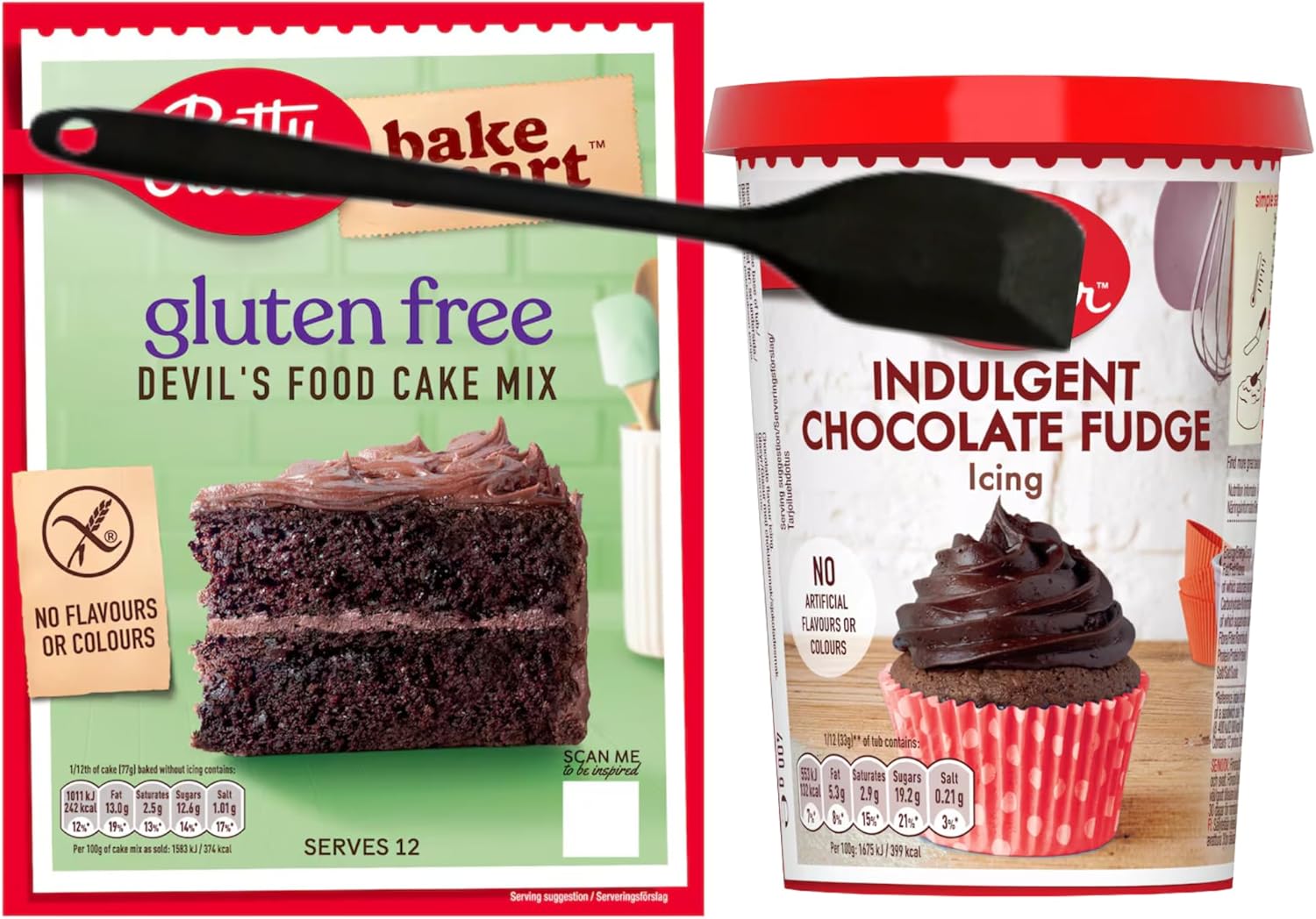 Lavarion Baking Set – Betty Crocker Gluten Free Devil's Food Cake Mix 425g and Betty Crocker Chocolate Fudge Icing 400g Works with Lavarion Silicone Spatula – Gluten-Free Cake Baking Kit