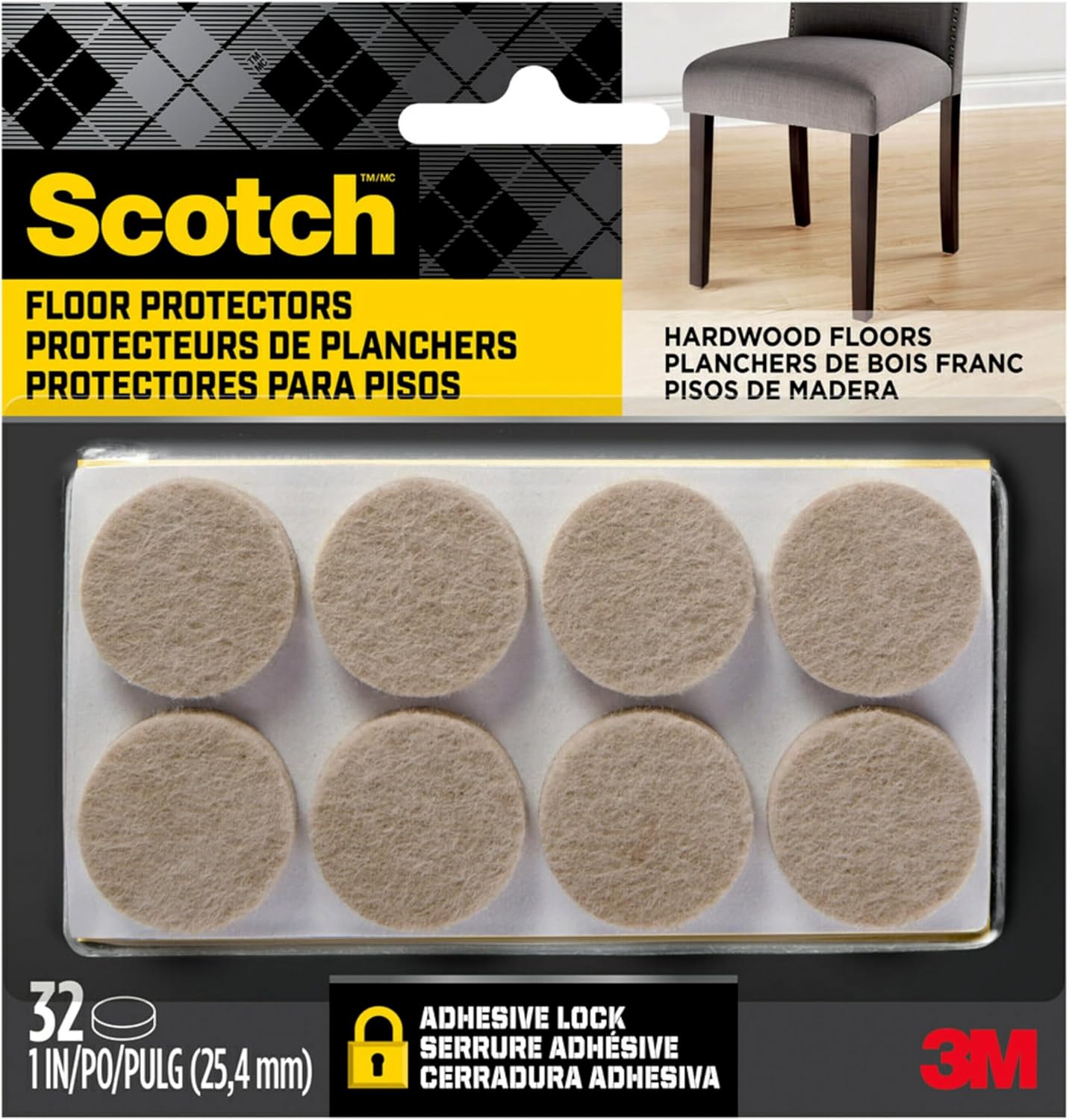 Scotch SP802-NA Brand Felt Pads by 3M, for Protecting Wood Floors, Diameter, Beige, 32/Pack Furniture, 1" Round