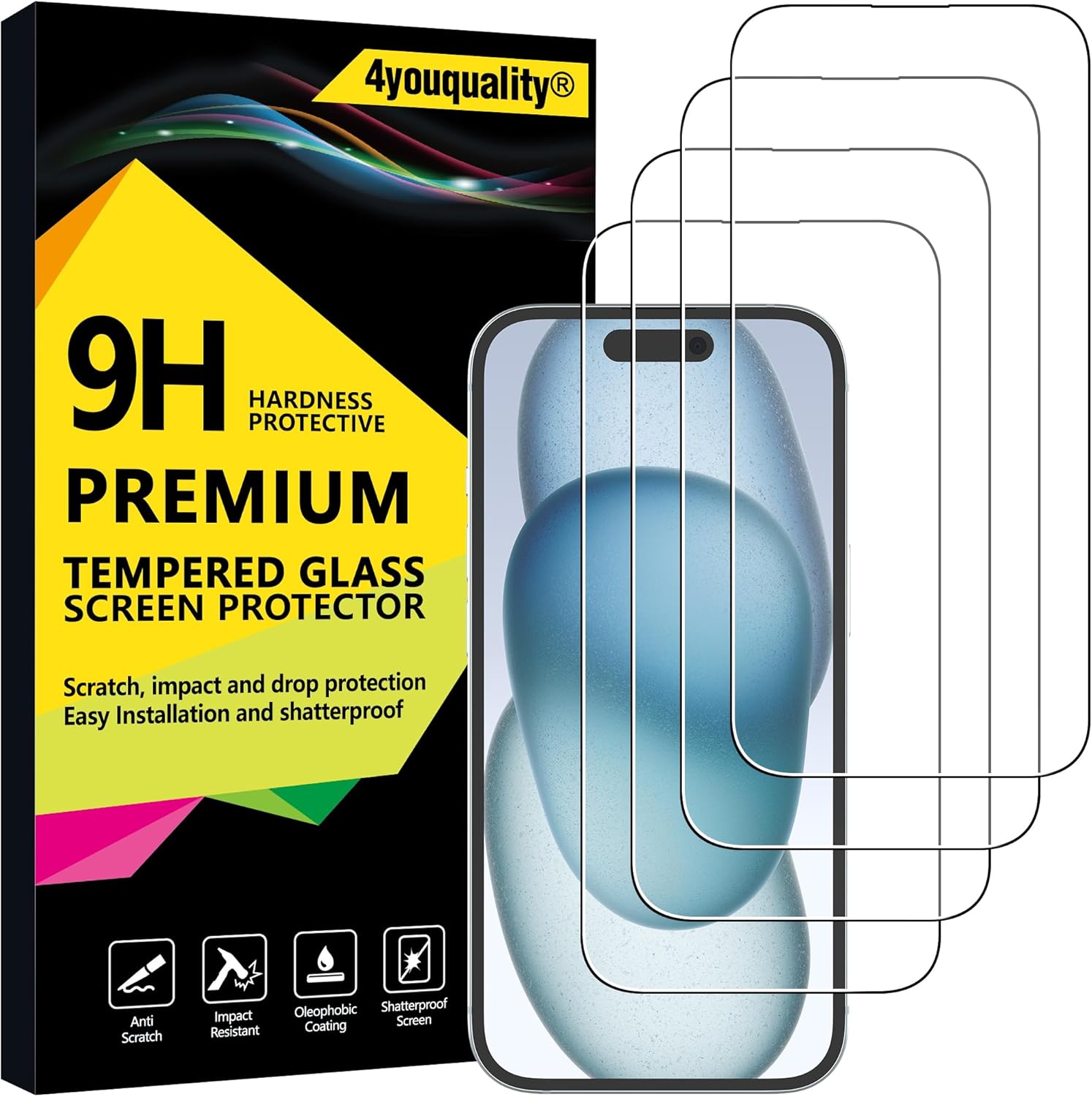 4youquality [4-Pack Screen Protector for iPhone 15 (6.1-Inch), Tempered Glass Film, [LifetimeSupport][Impact-Protection][Anti-Shatter][Anti-Scratch]