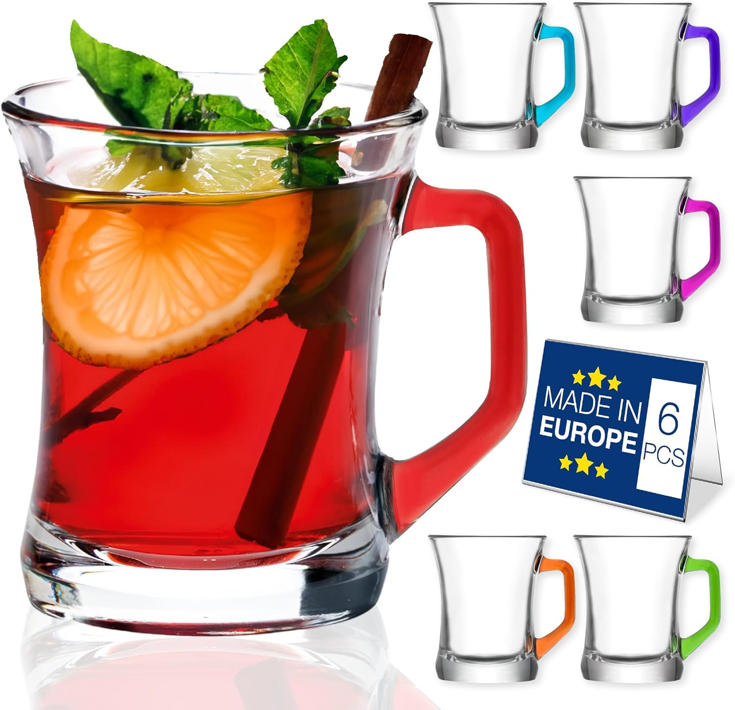 Hakan Manhattan Clear Glass Tea Cups of 6 with Colorful Handles, 6 Pcs, 7.5 Oz (225 cc), Glass Coffee Cups with Rainbow Handles Transparent Clear Glasses for Hot Cold Beverages in Gift Box