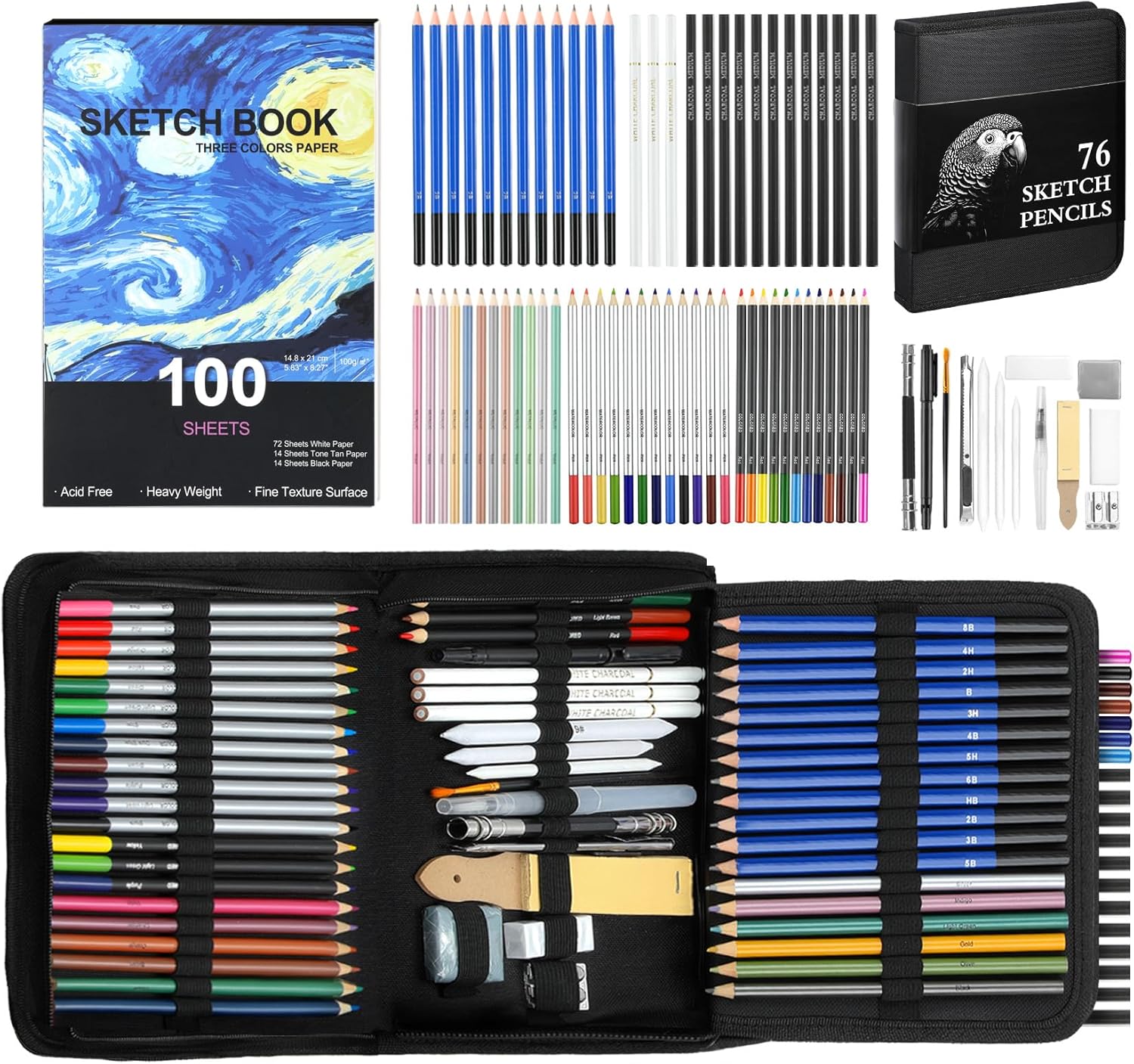 COOL BANK 76 Pack Art Supplies Sketching Kit with 100 Sheets 3-Color Sketchbook, Drawing Pencils Include Graphite Colored Charcoal Watercolor & Metallic Pencils, for Kids Adults Beginner Artists