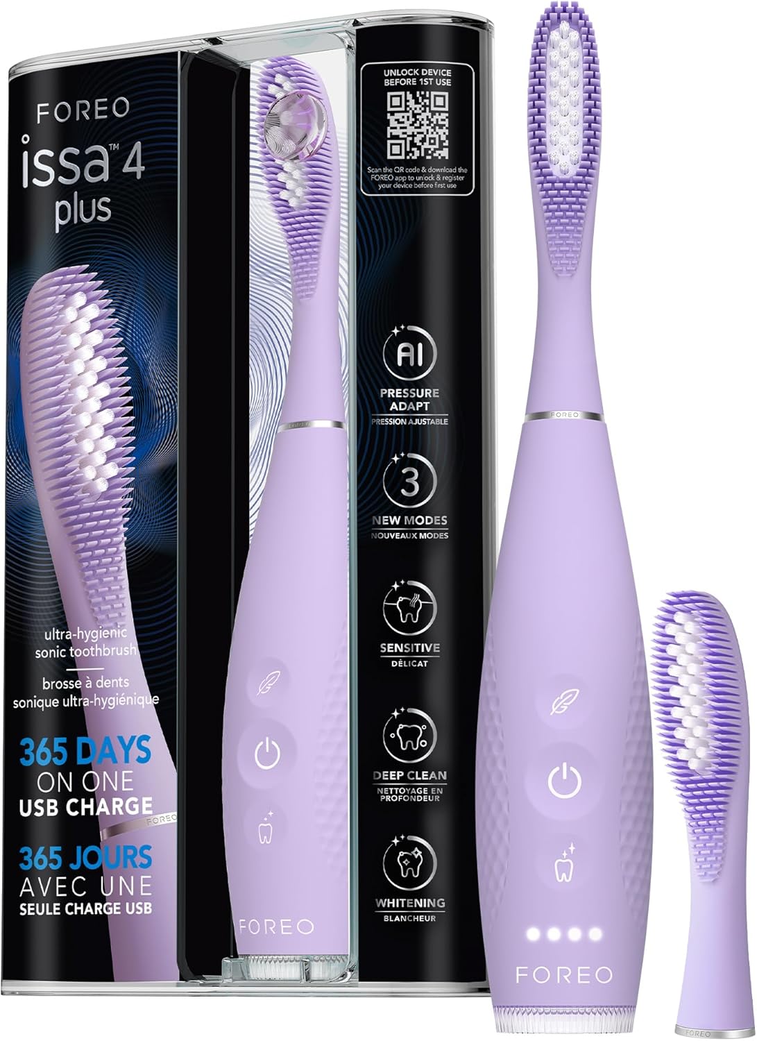 FOREO ISSA 4 Plus Sonic Electric Toothbrush - 4-in-1 AI-Guided Rechargeable Toothbrush Bundle with Extra Silicone & Polymer Hybrid Brush Head, Soft Bristles, Whitening Teeth - Lavander