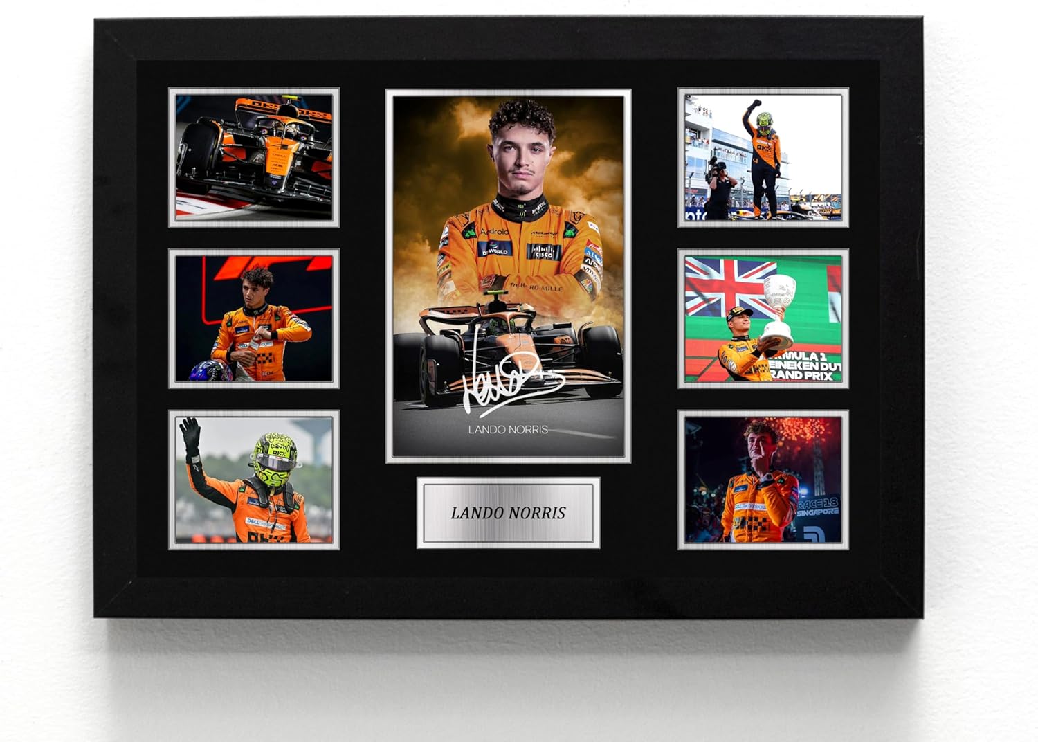 Motorsport British Racing Driver Lando Norris, Formula One, A5 Framed Wall Art Print, Reproduction Signature, suitable for smaller places, study, home office, lightweight gift idea, frame 21 x 16 cm
