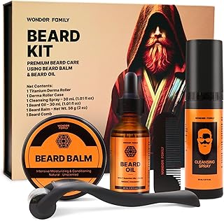 Beard Kit for Men Grooming and Care - Beard Growth Kit for Men with Beard Oil and Balm, Beard Derma Roller for Hair Growth, & Mens Comb - Mustache Kit for Men - Birthday Gifts for Men, Unscented