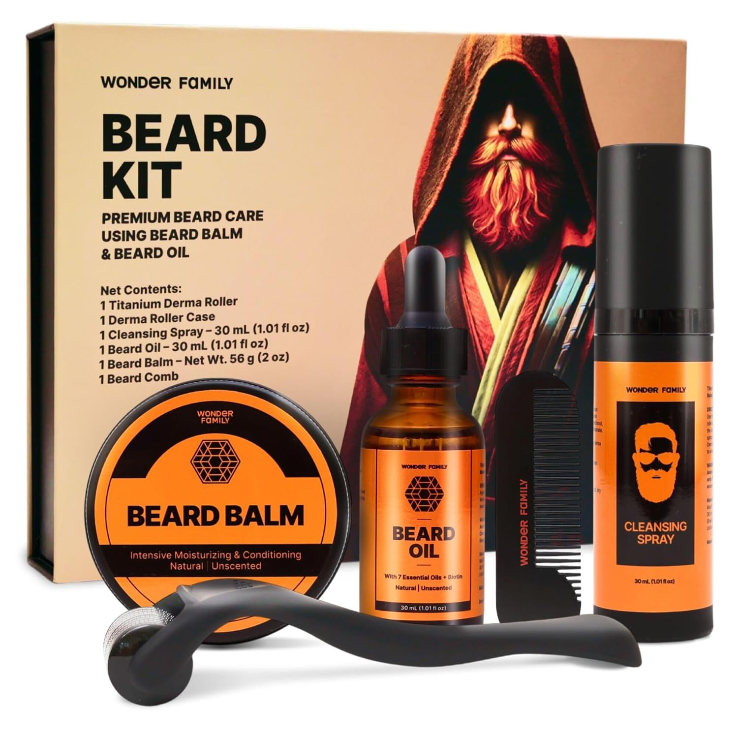 Beard Kit for Men Grooming and Care - Beard Growth Kit for Men with Beard Oil and Balm, Beard Derma Roller for Hair Growth, & Mens Comb - Mustache Kit for Men - Birthday Gifts for Men, Unscented