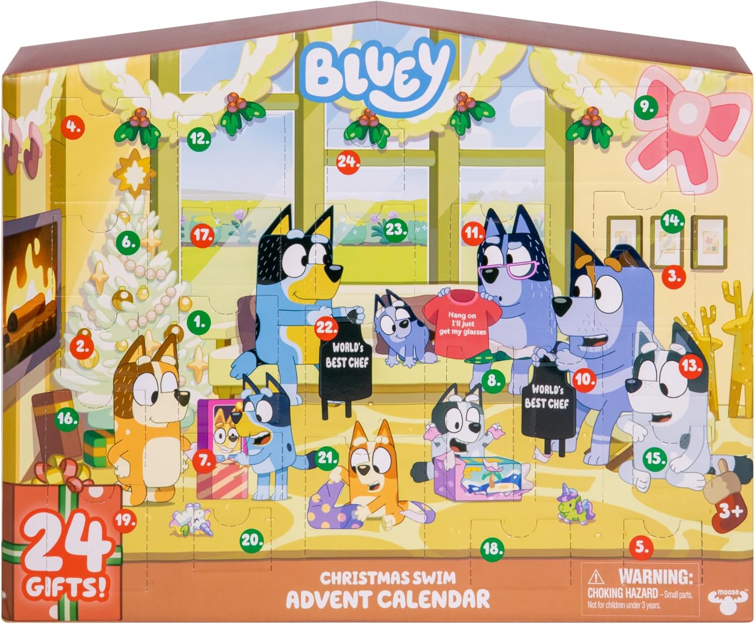 Bluey's Christmas Swim Advent Calendar, This Very Festive Bluey Surprise Pack Has 24 Surprises Behind 24 Different Windows, Includes 3 Christmas Swim Figures, 18 Accessories And 3 Stickers To Reveal