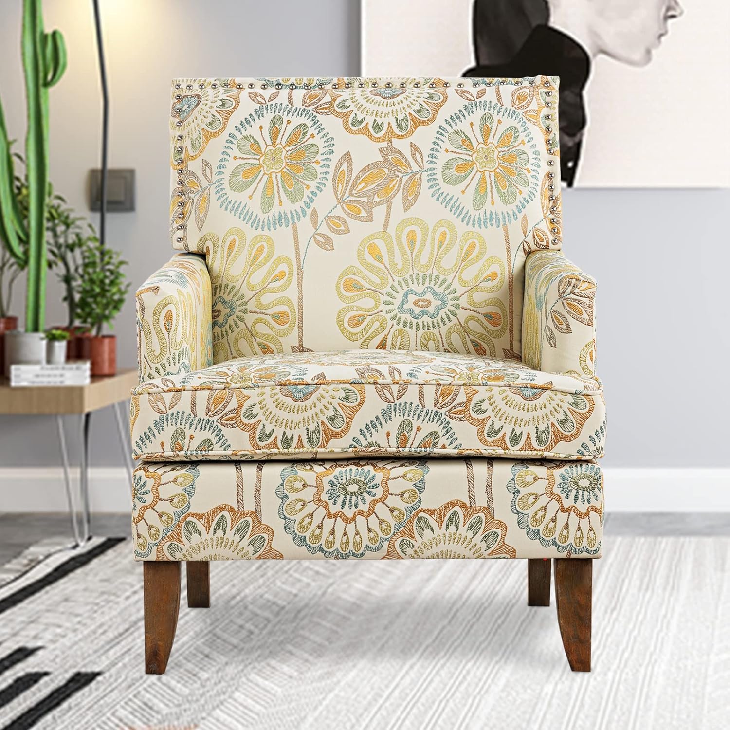 Floral Accent Sofa Chair Wingback Sofa Chair Comfy Club Chair Pattern Single Chair Upholstered Reading Arm Chairs for Living Room Bedroom (Beige Yellow)
