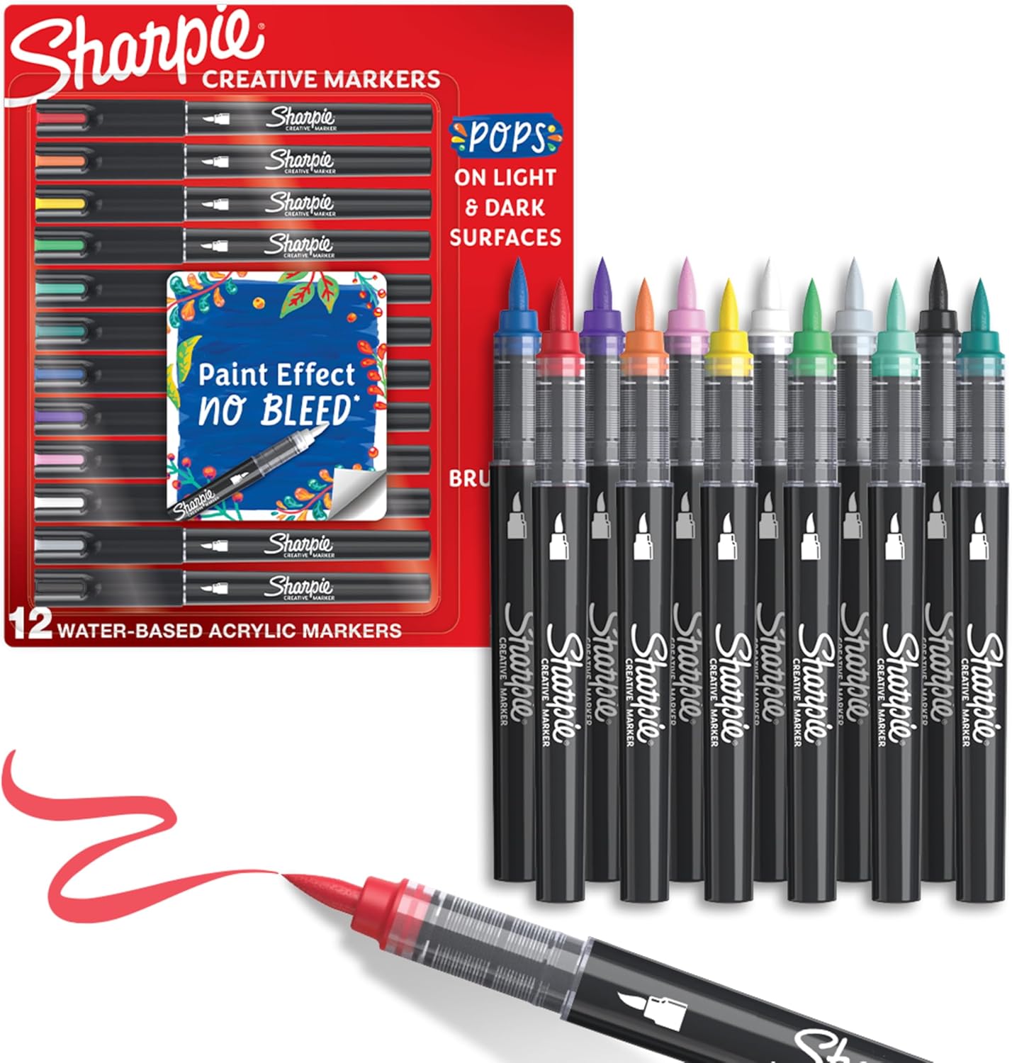 Sharpie Creative Markers, Water-Based Acrylic, Brush Tip, Assorted Colors, 12 Count – Arts & Crafts, Kids Activity, School Classroom; Works on Paper, Metal, Wood, Ceramic, Glass, Rock, Canvas