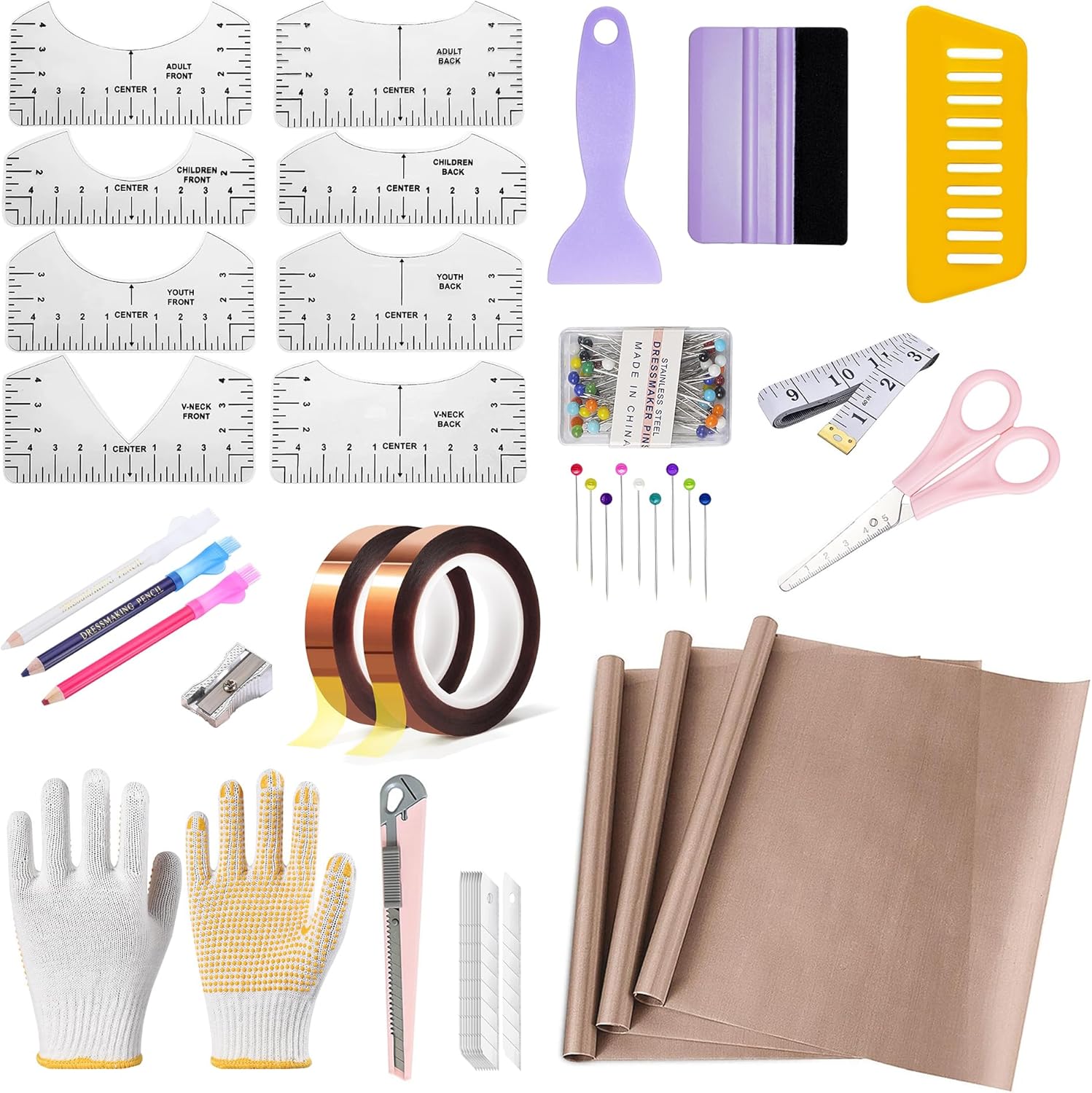 T Shirt Heat Press Starter Kit, Sublimation Accessories and Supplies with Ruler Guide, Teflon Sheets, Heat Tape, Heat Gloves, Marking Pencils, Sewing Pins