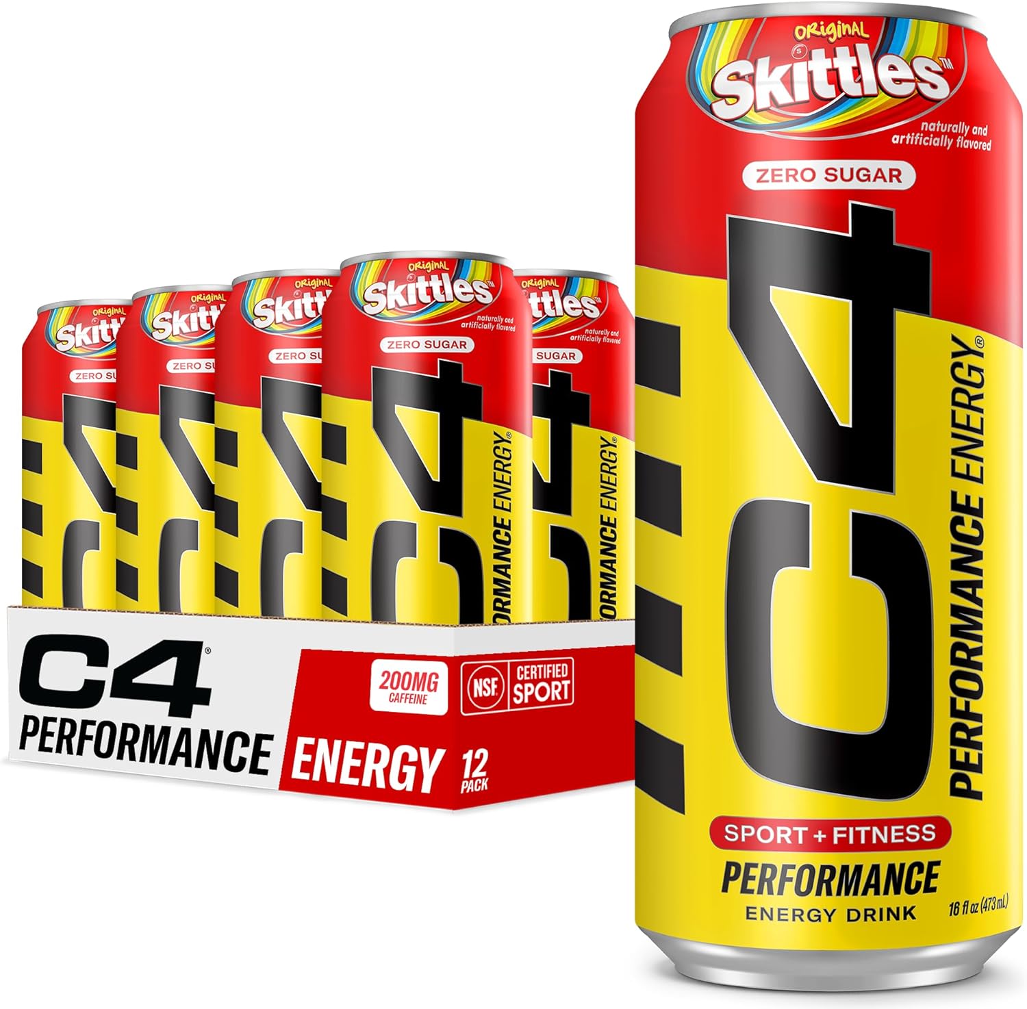 Cellucor C4 Performance Energy Drink | SKITTLES | Zero Sugar Carbonated Preworkout Energy | 200mg Caffeine with Beta Alanine | 16 Fl Oz (12 Pack)