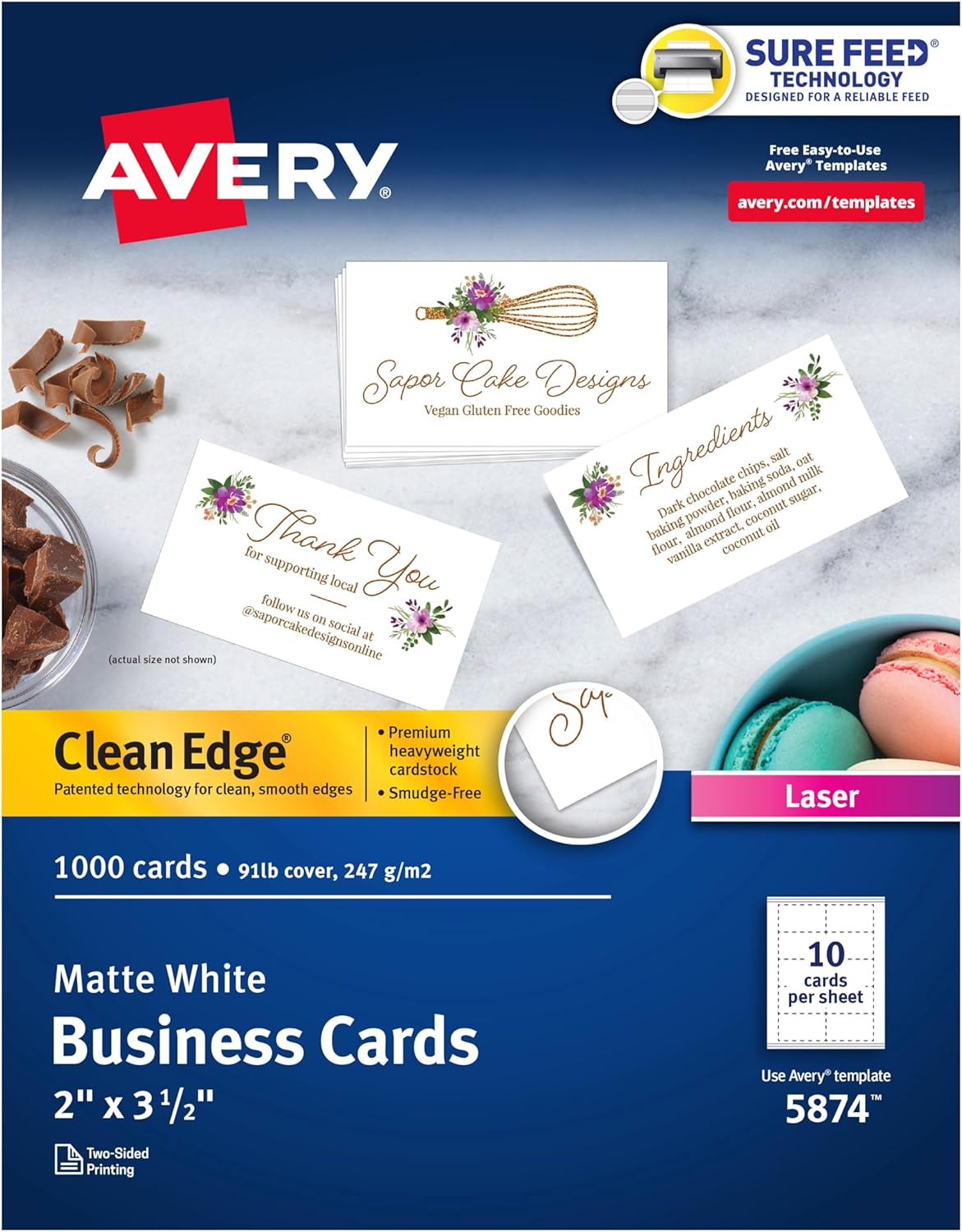 Avery Clean Edge Printable Business Cards with Sure Feed Technology, 2" x 3.5", White, 1,000 Blank Cards for Laser Printers (5874)