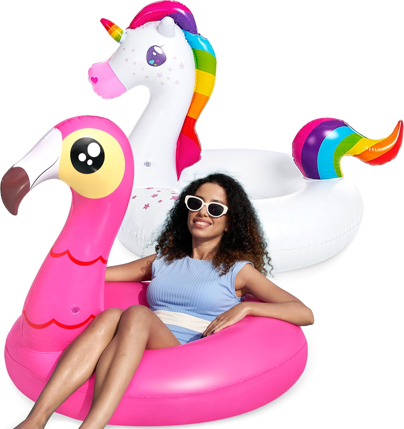 JOYIN Pack of 2 inflatable ride a unicorn and Flamingo Air Mattress with Glitter, Pool Float, Floating Animal Air Mattress, Beach Swimming Pool Toy, Pool Inflatable For Kids (102 x 99 cm)