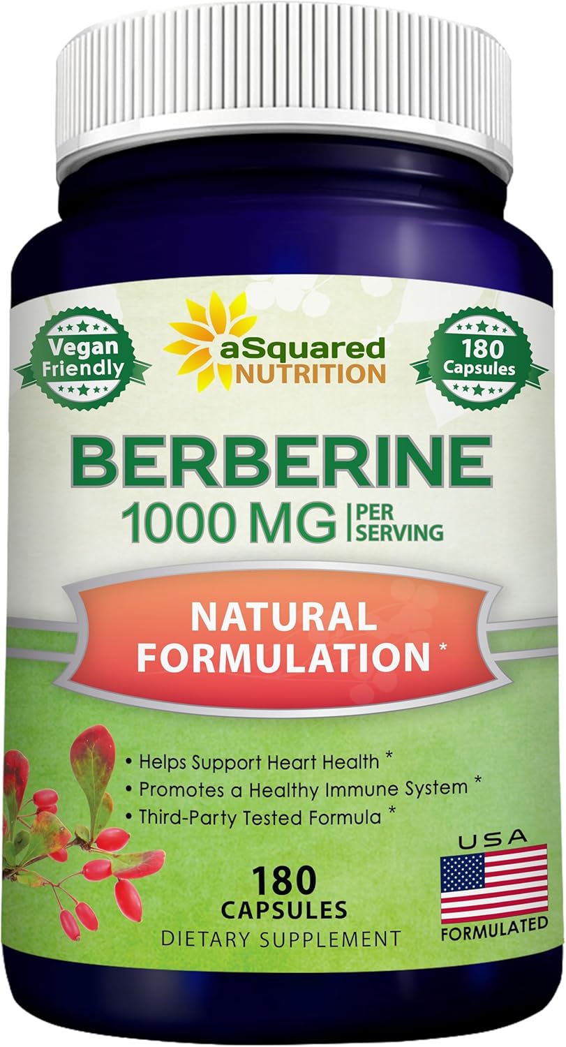 aSquared Nutrition Pure Berberine 1000mg Supplement - 180 Veggie Capsules, Natural Berberine Hydrochloride HCL Plus, Max Strength 1000 mg (2X 500mg), Potent Berberine Vegan Extract