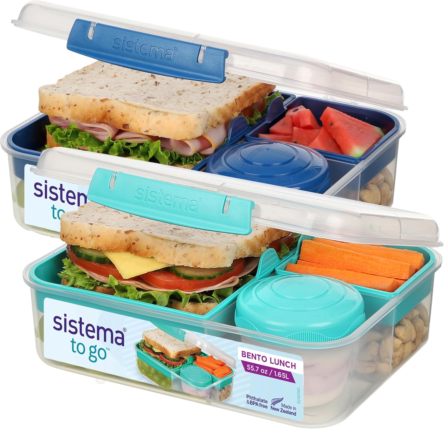 Sistema TO GO Bento Box Cubes | 1.65 L | School Lunch Boxes With Compartments & Snack Pots | BPA-Free | 2 Count | Minty Teal & Ocean Blue
