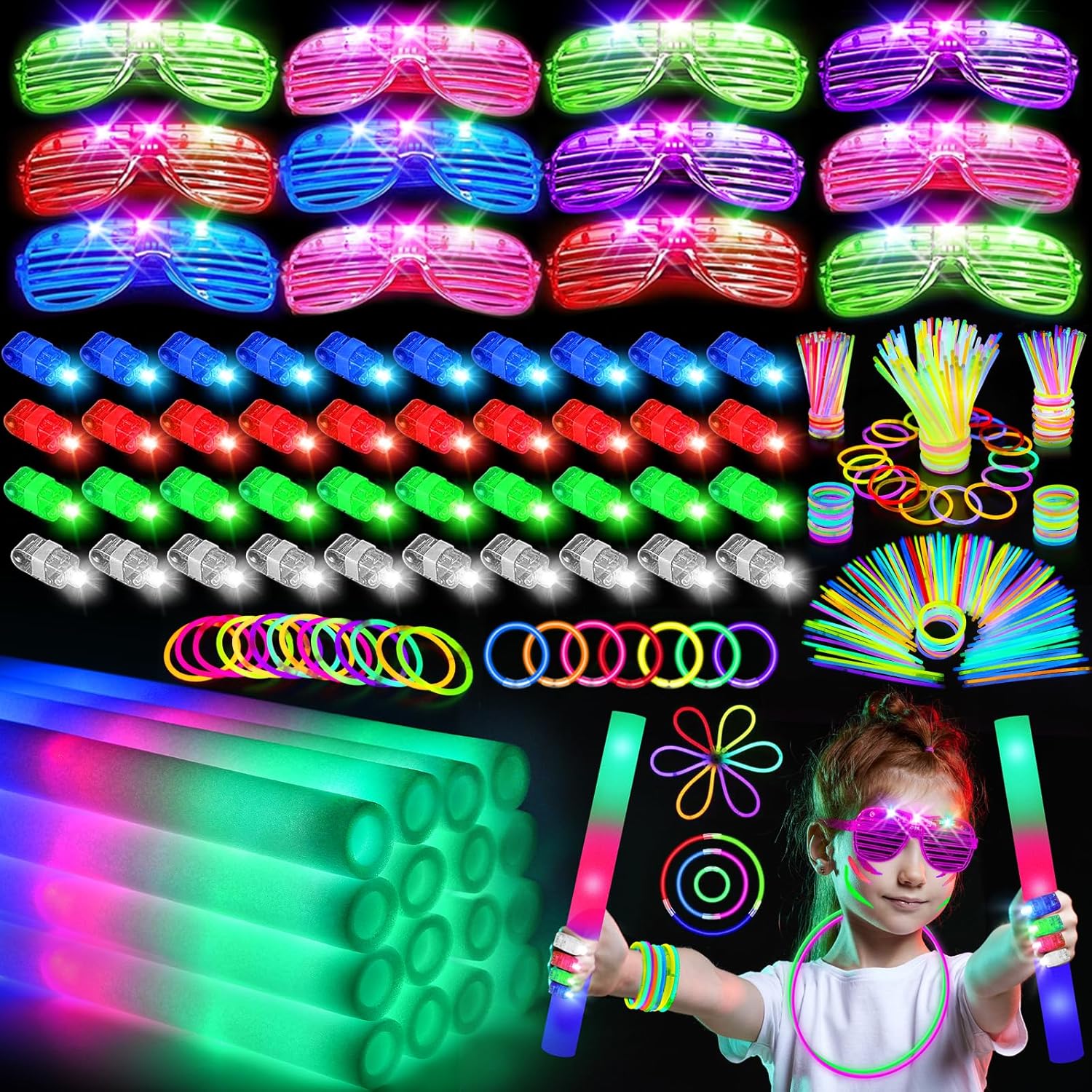 168 PCS Glow in the Dark Party Supplies, Light Up Party Favors 12PCS LED Glasses, 16PCS Foam Glow Sticks, 40PCS Finger Lights, 100PCS Glow Sticks for Wedding, Concert, Raves, Birthday