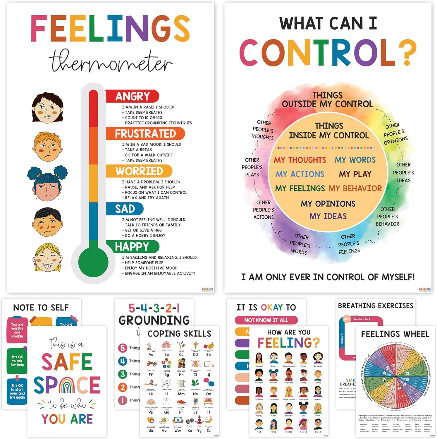 10 Mental Health Posters For Kids (10"x14") Therapy Office Decor, Feeling Wheel Poster, What Can I Control, Emotions Chart Kids Inspirational Wall Art, Classroom School Counselor Psychologist Decor