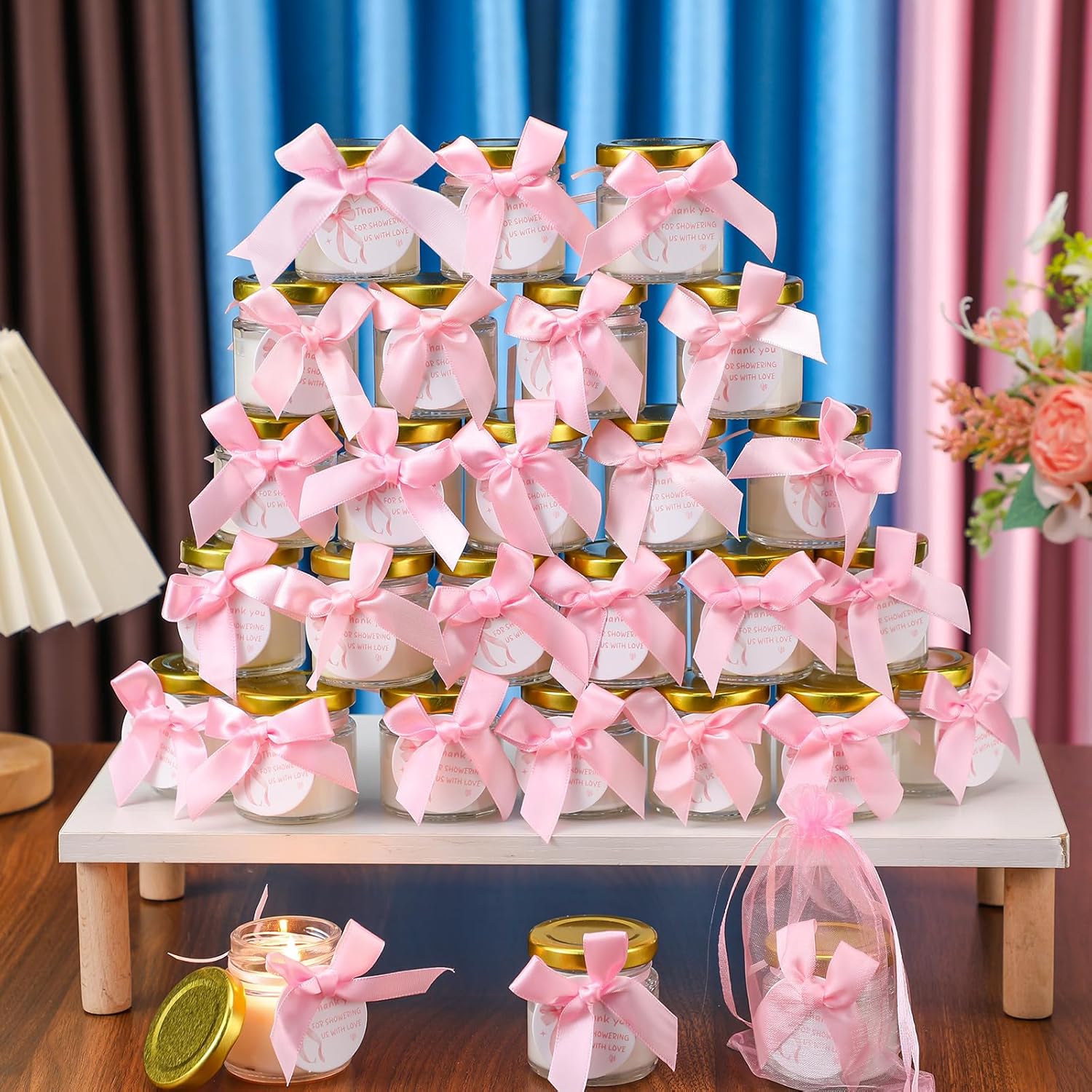 Threlaco 40 Pcs Baby Shower Candle Favors Bulk Glass Lavender Scented Jar Candle Rustic Baby Shower Birthday Boy Girl Gender Reveal Party Thank You Guest Gift (Pink,Bow)