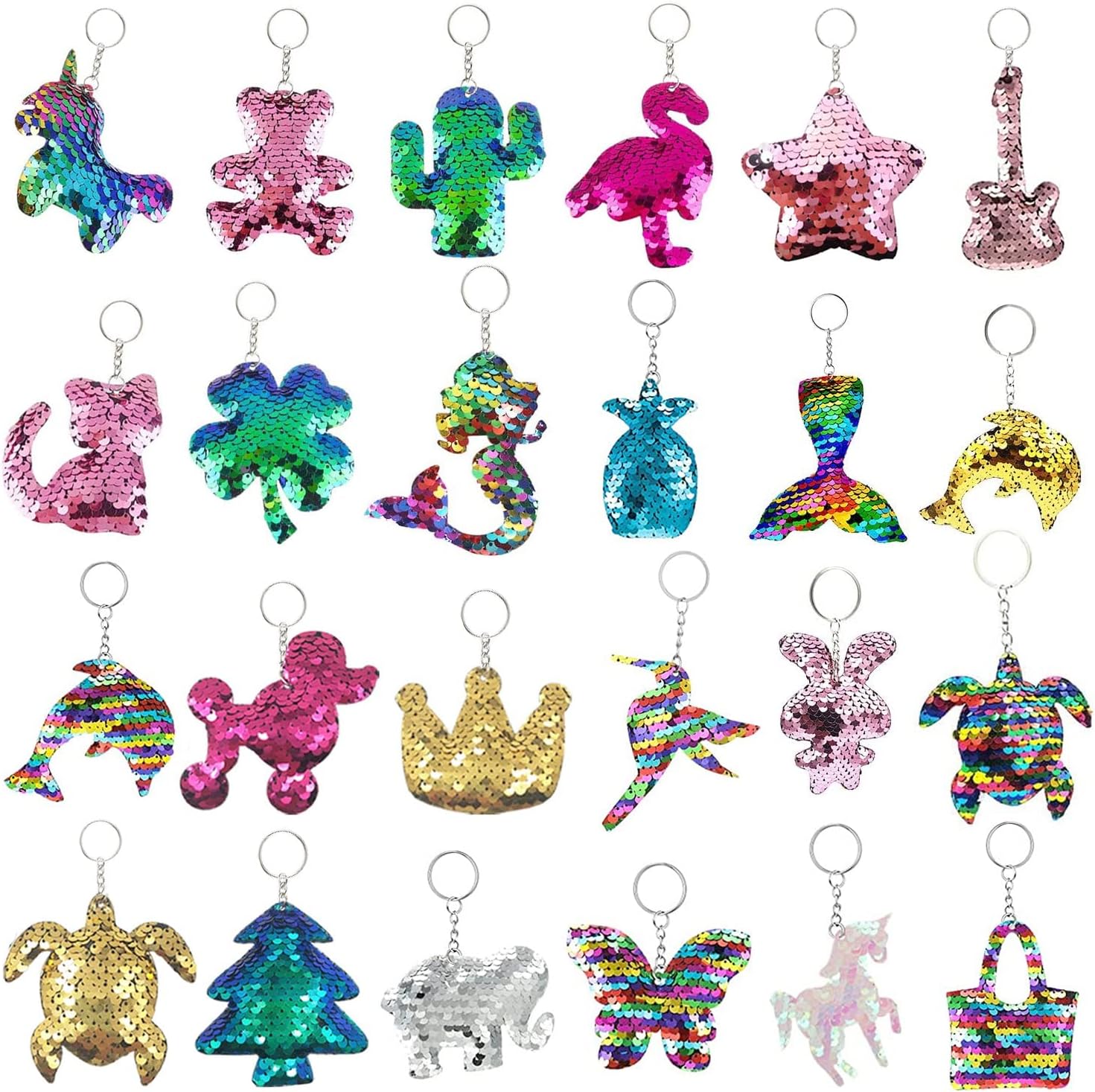 ePicsoa 24 Pcs Colorful Sequin Keychains Girls Keyrings Party Bags Gift, Reversible Sequins for Kids Adults Birthday Favors Backpack Accessories