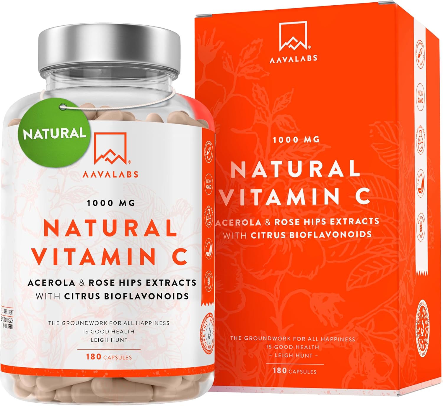 Natural High Strength Vitamin C 1000mg -180 Vitamin C tablets - 100% Vegan Acerola Fruit Extract - with Citrus Bioflavonoids and Rosehip - Vitamin C Capsules -Supports Immune Function- 3 Months Supply