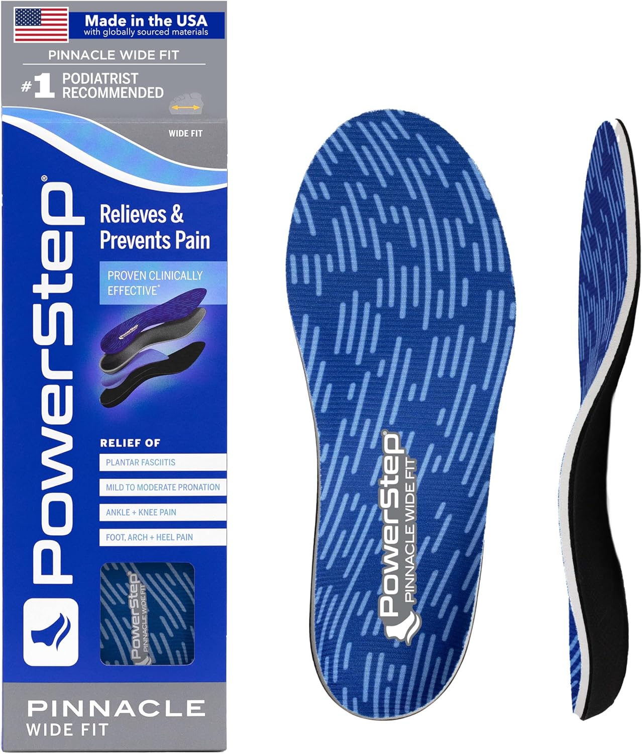 PowerStep Pinnacle Wide Fit Orthotics Insoles, Wide Feet Arch Support, Plantar Fasciitis Relief, Mild Pronation, Orthotics that Supports Ankle & Knee Pain for Men and Women, Made in the USA