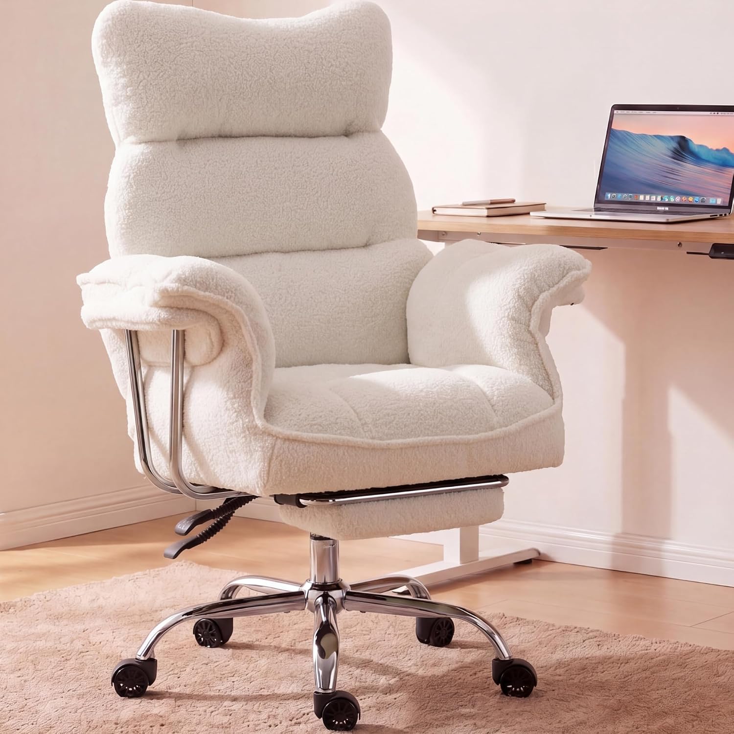 Dowinx Big and Tall Office Chair, Ergonomic Desk Chair with Thick Cushion, Wide Seat & Armrests Computer Gaming Chair,High Back Reclining Teddy Fleece Criss Cross Chair with Foot Rest, White