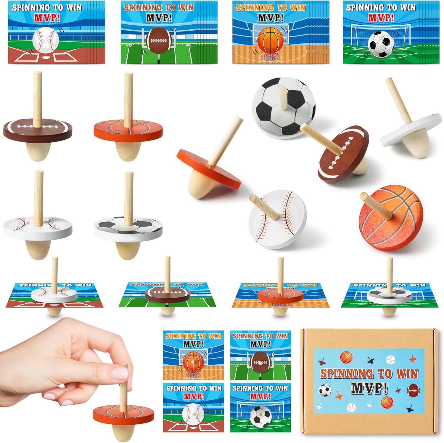 BeYumi Sports Ball Spinning Tops - 32Pcs Sports Ball Wooden Spinning Tops Set for Boys Goodie Bags Goody Bag Stuffers Classroom School Party Favors Return Gifts Present for Kids