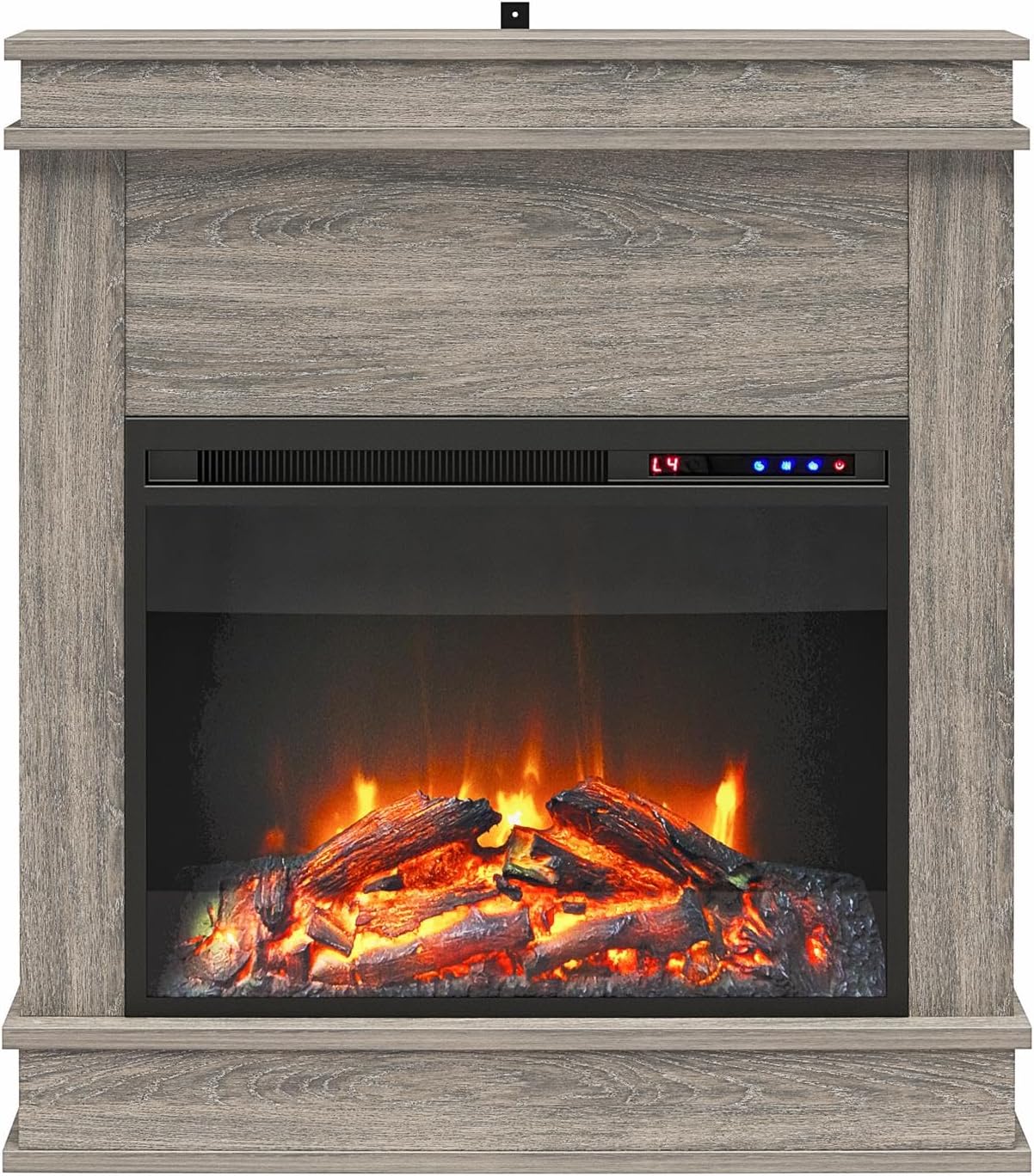 Ameriwood Home Mateo 30 Inch Electric Fireplace with Mantel, Replaceable Fireplace Insert Heater, Freestanding, Remote Control, Timer, Realistic Log and Flame Effect, Gray Oak