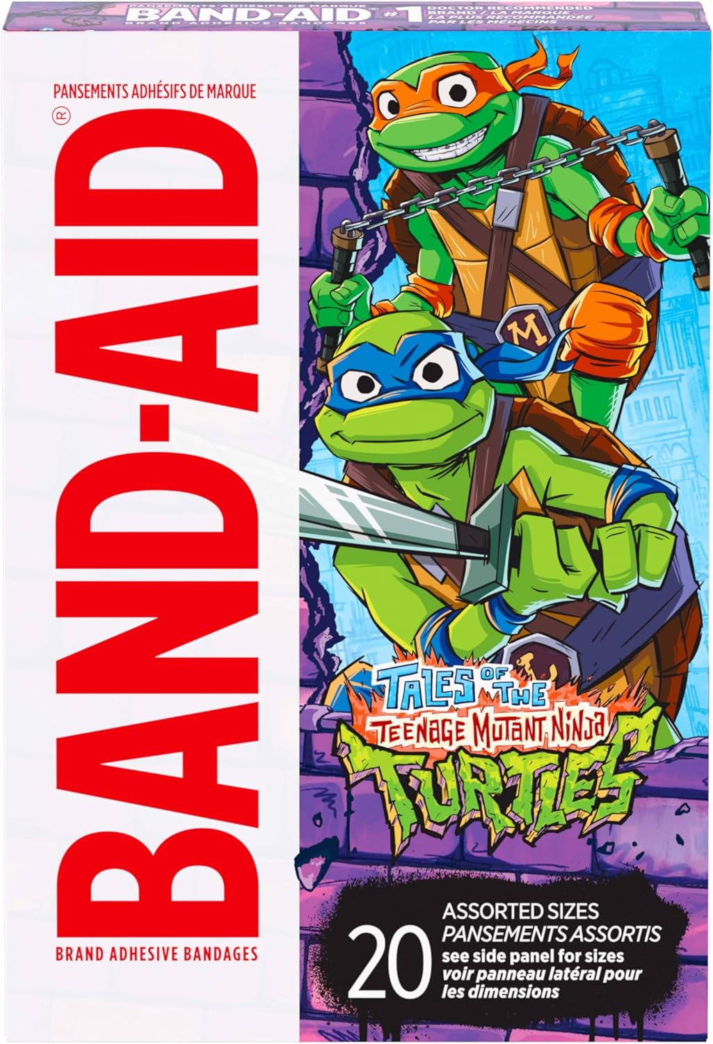 BAND-AID Brand Adhesive First Aid Bandages for Minor Cuts & Scrapes, Wound Care Featuring Nickelodeon TMNT Characters, Fun Bandages for Kids & Toddlers, Sterile, Assorted Sizes, 20 ct